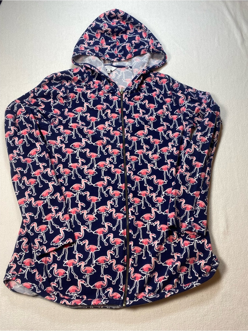 Crown & Ivy tropical cruise Navy Hooded Zip-Up Jacket with Pink Flamingo Print